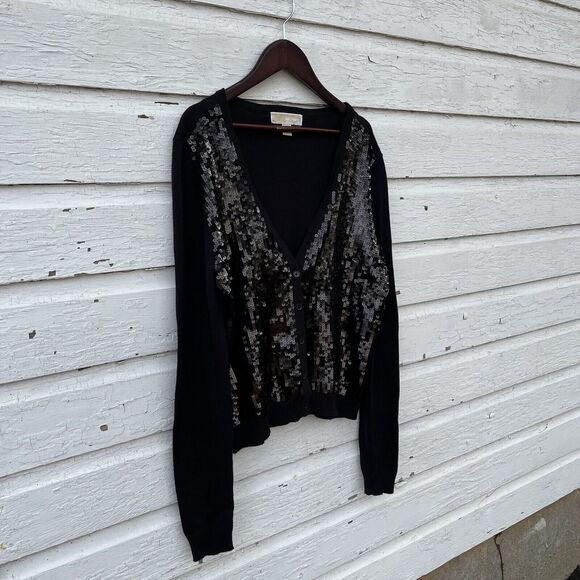 MICHAEL KORS Cotton Blend Knit Long Sleeve Black Sequin Button Up Cardigan- M - Picture 3 of 8